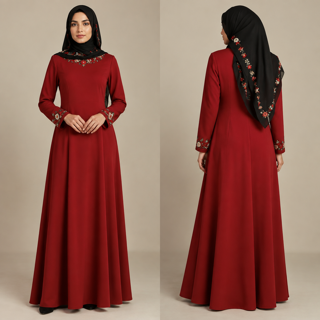 Islamic Arabic simple red A- line dress with little flowers on the edges of the collar and hands . Long dress with long sleeves. The scarf is black with the same flowers
photorealistic fashion design, Islamic Arabic simple red A- line dress with little flowers on the edges of the collar and hands . Long dress with long sleeves. The scarf is black with the same flowers, traditional style, just the design no text, show front and back
