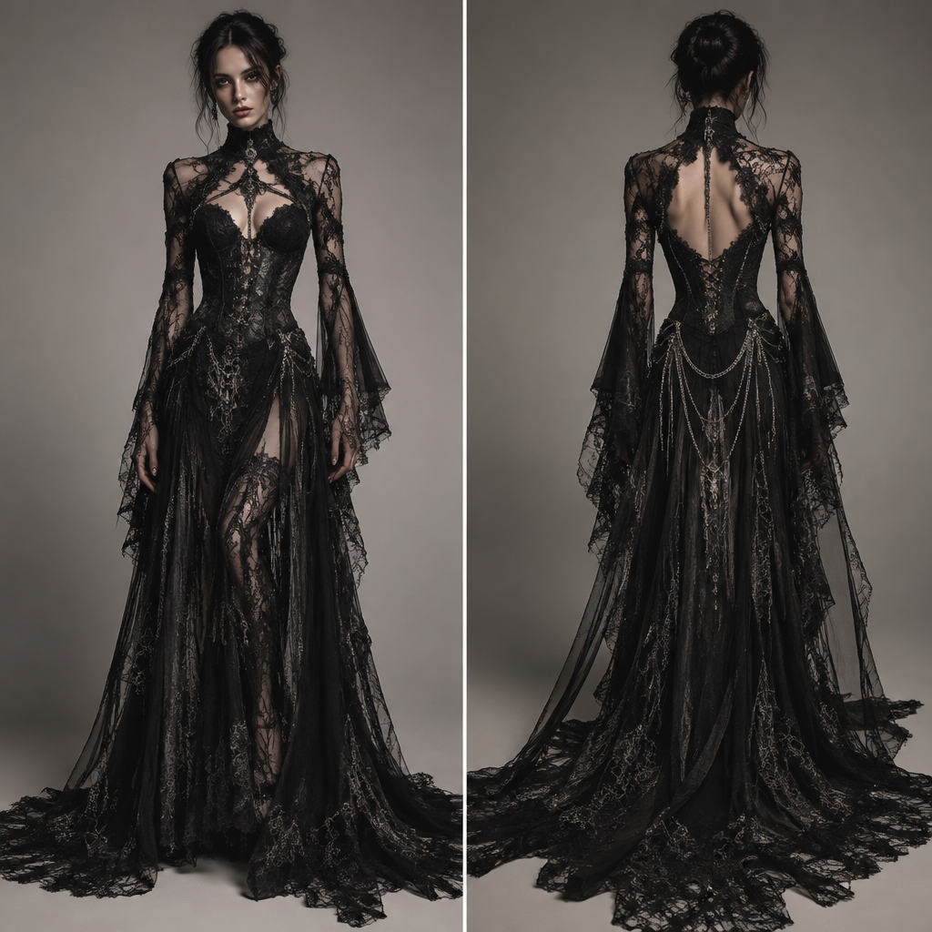 The black long dress will be covered with lace and will be flashy at the same time I want it to represent in borderline personality disorder
photorealistic fashion design, The black long dress will be covered with lace and will be flashy at the same time I want it to represent in borderline personality disorder, nu_goth style, just the design no text, show front and back