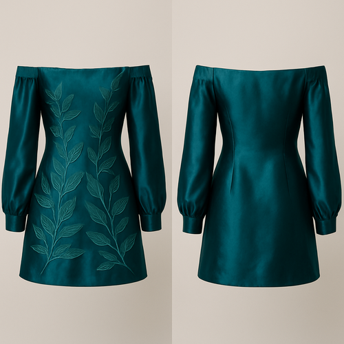 Silk mini dress with corset off shoulder deep teal color, with beautiful leaf details, try without corset, long sleeves, and leafs should be embroidered 