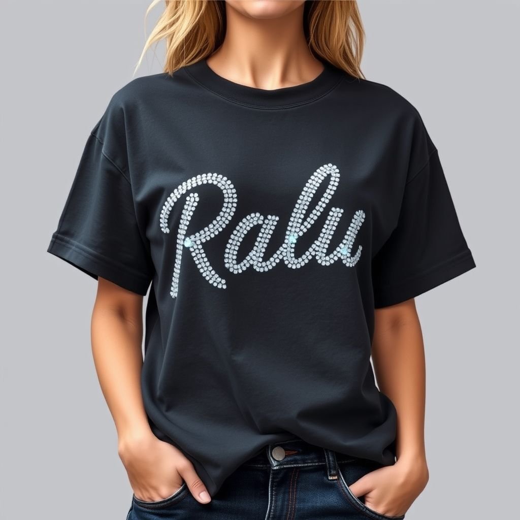 A t- shirt with the words ‘Ralu’ in ab crystals in front of the shirt and looking like luxury, designed for women, light weight Pima cotton and 5% nylon blend,
Design a chic women's streetwear t-shirt featuring "Ralu" boldly adorned with shimmering AB crystals across the chest. The shirt, crafted from lightweight Pima cotton with a 5% nylon blend, offers a relaxed fit and contemporary flair. Combine urban aesthetics with luxe accents, making it the ultimate statement piece for the modern street style.