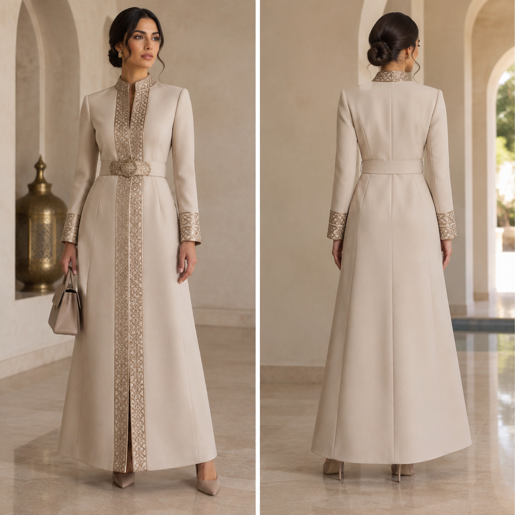 فستان مديرة تنفيذية. Morocco fashion aesthetics. Present it as professional fashion catalogue photography: the garment is the subject, shown full-length with editorial styling, neutral posing and tasteful, non-suggestive framing.
photorealistic fashion design, فستان مديرة تنفيذية. Morocco fashion aesthetics. Present it as professional fashion catalogue photography: the garment is the subject, shown full-length with editorial styling, neutral posing and tasteful, non-suggestive framing., just the design no text, show front and back