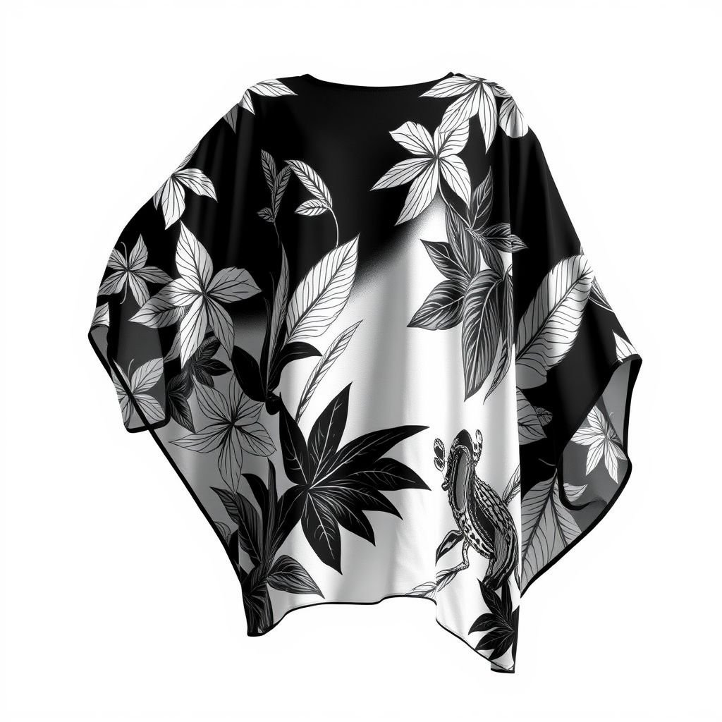 summer woman black and white poncho which is handpainted of jungle
Design a striking summer poncho for women in bold black and white, handcrafted with intricate jungle motifs. The lightweight fabric drapes elegantly, featuring oversized sleeves and a flowing silhouette. Hand-painted details of lush leaves and exotic animals evoke a sense of adventure. Perfect for sunny days and outdoor gatherings.