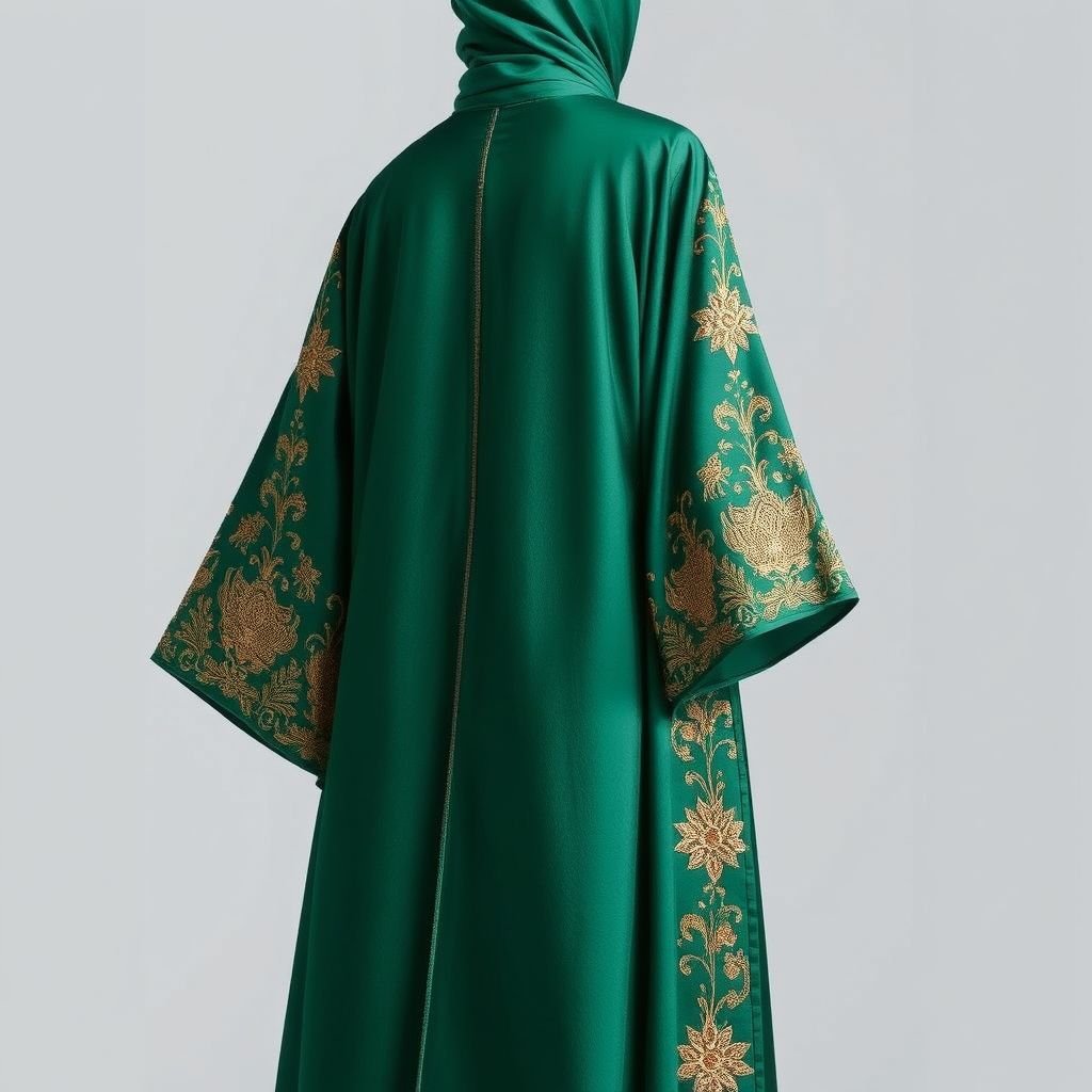 Abaya with broderie and flare sleeves moghol style
Imagine a luxurious Moghol-style abaya, elegantly tailored from flowing silk in deep emerald green. Enhanced with intricate gold broderie, delicate floral patterns cascade down the sleeves. The flare sleeves billow gracefully, embodying both tradition and modernity. Pair it with opulent statement accessories for a royal, timeless look that captivates all.