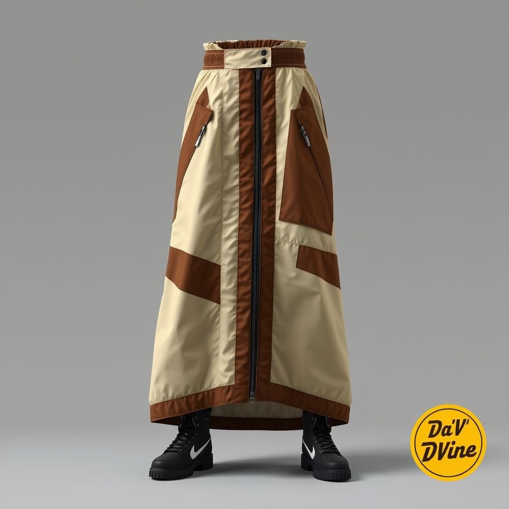 Streetrush women’s Street Sporty Academy Style, Street Hip-Hop Oversized midi skirt. These beige and brown Color-Block Design, windbreaker material skirt. Feature Multiple Stripes, white and dark brown Paneling Design, And Front And Back Pattern Designs, Along With A Creative Double Waistband. They Are Suitable For All-Season Wear, Embody Street Rock Aesthetics, And Are Perfect For Music Festivals And Everyday Outfits. This Style Reflects Y2K Streetwear , Women’s Two-Tone Outdoor Sports , Chicago Jersey , Streetwear , Streetwear skirt. Put “DV” somewhere on it. Create me a logo for my brand “Da’Vine” and put it up there also
Design a bold women’s streetwear midi skirt that captures the essence of urban style: a beige and brown color-block windbreaker skirt with oversized proportions. Integrate striking multiple stripes, innovative paneling, and eye-catching front and back graphics. Highlight a creative double waistband. Embody the Y2K aesthetic with “DV” prominently displayed. Create a stylish logo for “Da’Vine” to complete the look, making it a must-have for music festivals and street-chic everyday outfits.