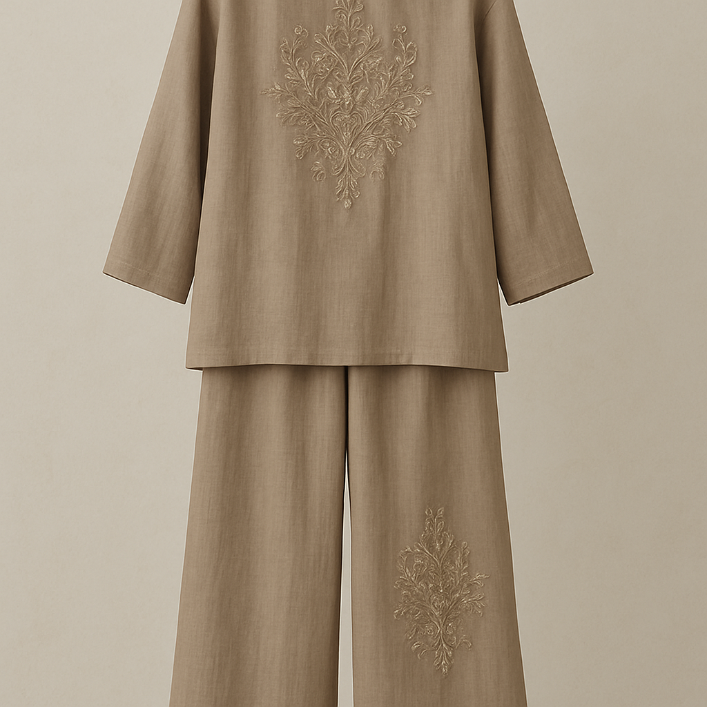 A pioneering two-piece modest ensemble crafted from premium linen — featuring fluid, loose-cut pants and an elegant relaxed top, elevated with refined embroidery and delicate stone detailing. Designed in minimalist, sophisticated hues, it delivers a rich, chic aesthetic that feels unmistakably unique and first of its kind. Make them breathable and stylish hands
A pioneering two-piece modest ensemble crafted from premium linen — featuring fluid, loose-cut pants and an elegant relaxed top, elevated with refined embroidery and delicate stone detailing. Designed in minimalist, sophisticated hues, it delivers a rich, chic aesthetic that feels unmistakably unique and first of its kind. Make them breathable and stylish hands