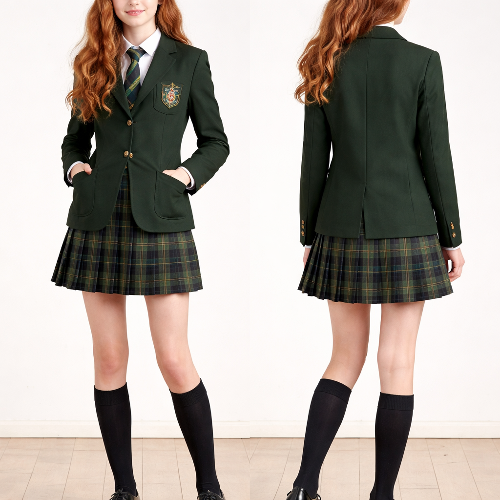 A 16 year old teenage girl with a European face and light blue eyes and natural wavy red hair wears forest green blazer with a Scottish pattern skirt and black Oxford shoes
A 16 year old teenage girl with a European face and light blue eyes and natural wavy red hair wears forest green blazer with a Scottish pattern skirt and black Oxford shoes , school_uniform style, show front and back