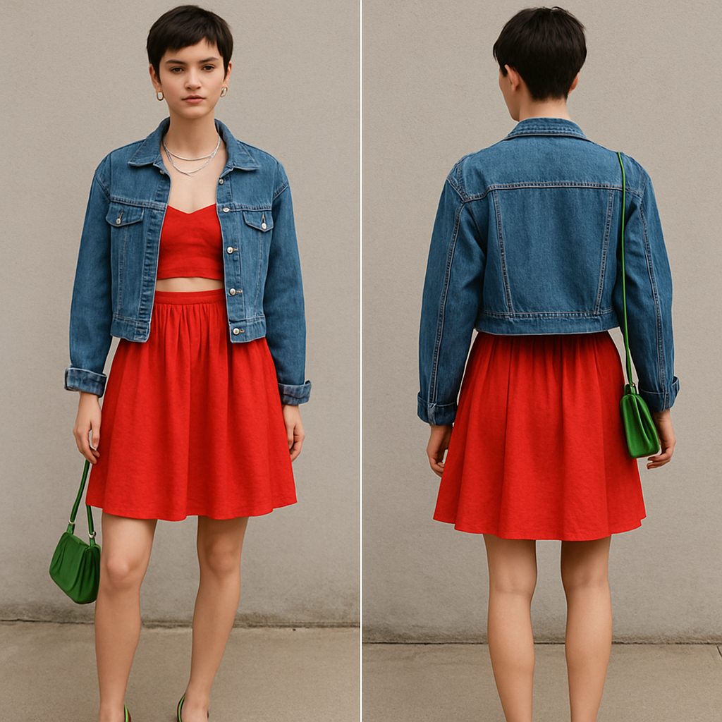 Red Sundress crop top blue jean jacket silver jewelry green purse pixie cut green heels
Red Sundress crop top blue jean jacket silver jewelry green purse pixie cut green heels , streetwear style, show front and back