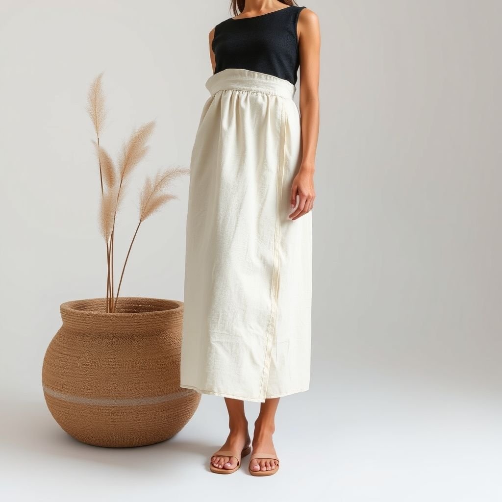חצאית כותנה גרסה יוונית פשוטה מפשתן
Design a minimalist Greek-inspired cotton skirt crafted from breathable linen. Emphasize clean lines, a soft silhouette, and an understated palette of muted earth tones. Incorporate subtle details like delicate pleating and a single side slit, ensuring versatility and comfort while evoking a sense of effortless elegance synonymous with minimalist fashion.