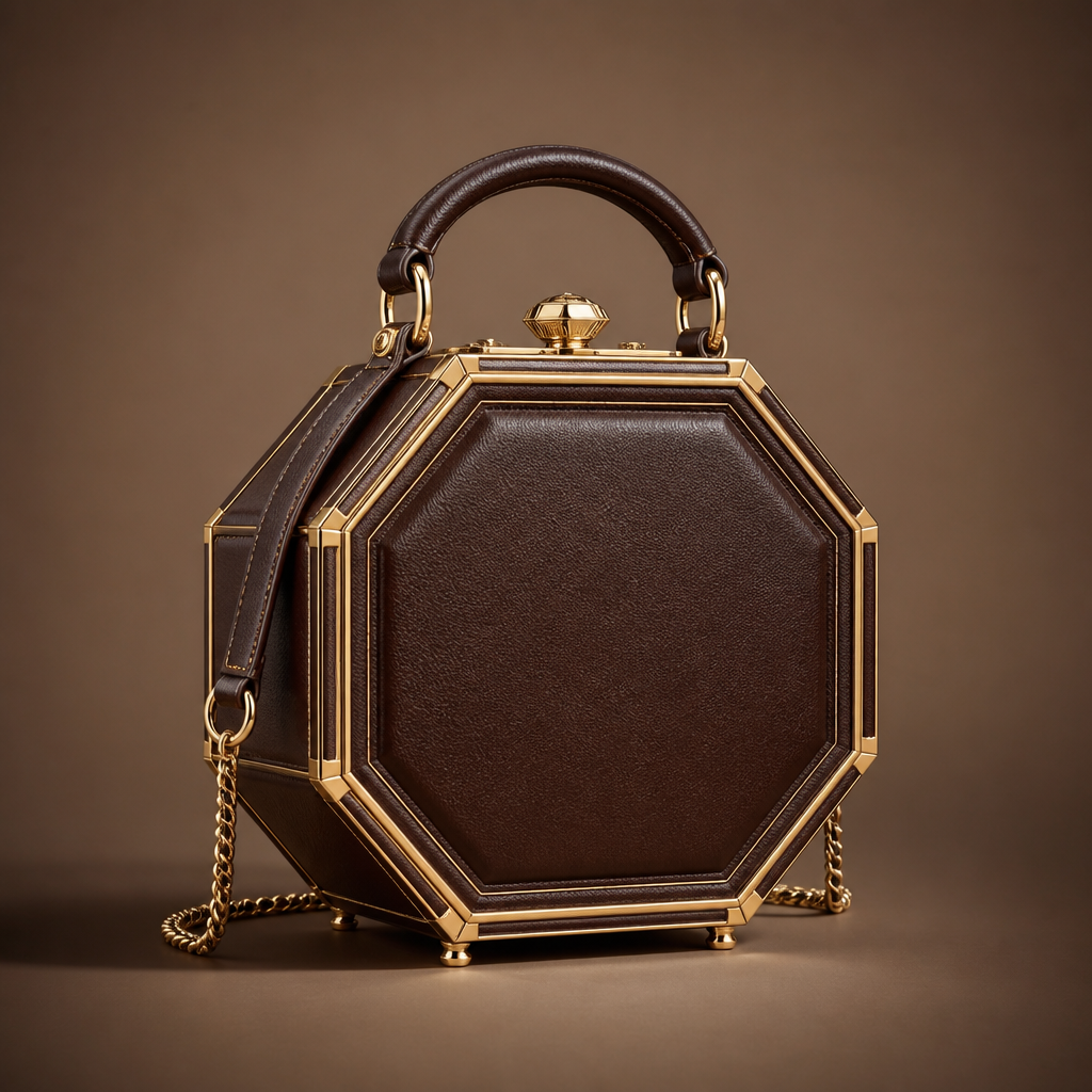 Create a luxury handbag with an octagonal architectural shape inspired by classical European jewelry boxes. Crafted from rich chocolate brown leather with champagne gold framing. Sharp geometric lines combined with soft luxurious textures. Elegant, collectible, and highly distinctive.
photorealistic fashion design, Create a luxury handbag with an octagonal architectural shape inspired by classical European jewelry boxes. Crafted from rich chocolate brown leather with champagne gold framing. Sharp geometric lines combined with soft luxurious textures. Elegant, collectible, and highly distinctive., just the design no text