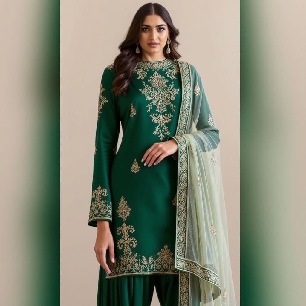 Shalwar kameez
Design an exquisite formal shalwar kameez, crafted from luxurious silk in deep emerald green. The kameez features intricate gold thread embroidery, accentuating elegant motifs. Pair it with tailored shalwar pants and a sheer, embellished dupatta draped gracefully. The silhouette embodies sophistication, merging traditional craftsmanship with contemporary finesse for a glamorous evening look.