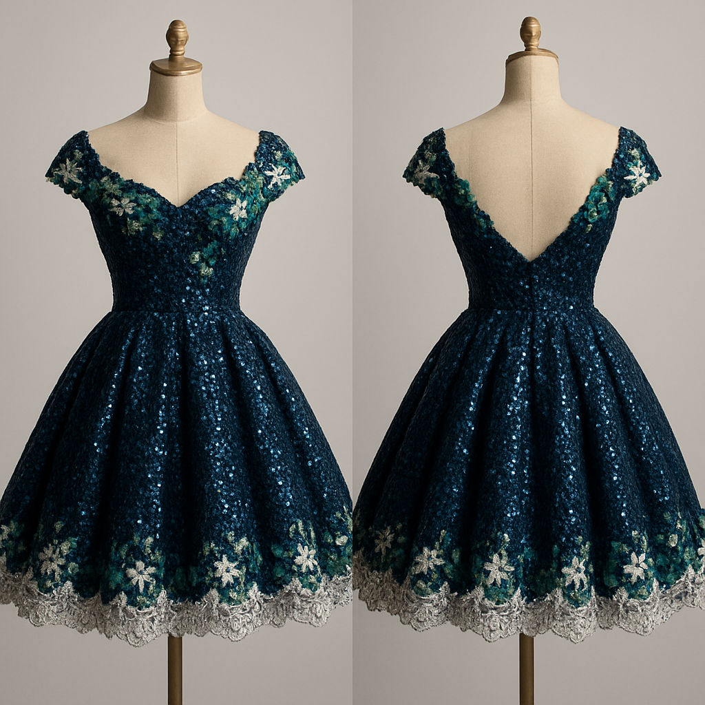 A beautiful dark blue ball gown, short skirt on a beautiful mannequin, shiny and shimmery with lots of sequence with green flowers and white lace
A beautiful dark blue ball gown, short skirt on a beautiful mannequin, shiny and shimmery with lots of sequence with green flowers and white lace, show front and back