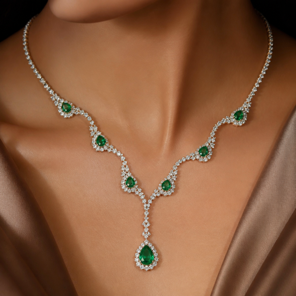 A Accessories design, suitable for Summer. design a necklace in curved "y" shape using small diamonds all over and use little big emerald of in every curve and at last. India fashion aesthetics.
photorealistic fashion design, A Accessories design, suitable for Summer. design a necklace in curved "y" shape using small diamonds all over and use little big emerald of in every curve and at last. India fashion aesthetics., just the design no text