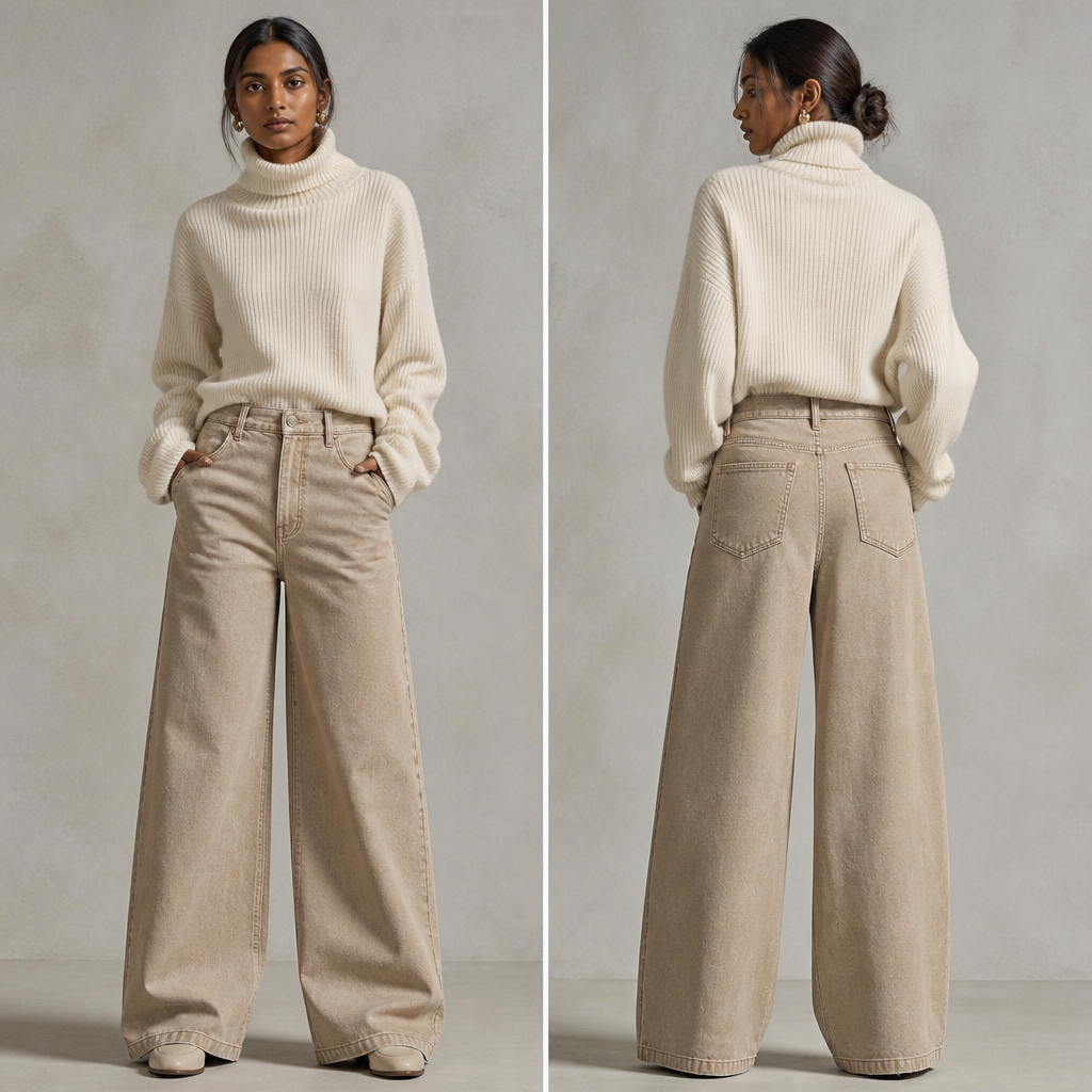 A Pants design, made of Denim, with a crisp, structured drape, with an Oversized silhouette, with modest, full coverage: longer hemlines, higher necklines and covered shoulders, in a Neutrals color palette, for Casual, suitable for Winter, suited to a Temperate climate, shown on a model with brown skin and a petite figure. IQ fashion aesthetics. Present it as professional fashion catalogue photography: the garment is the subject, shown full-length with editorial styling, neutral posing and tasteful, non-suggestive framing.
photorealistic fashion design, A Pants design, made of Denim, with a crisp, structured drape, with an Oversized silhouette, with modest, full coverage: longer hemlines, higher necklines and covered shoulders, in a Neutrals color palette, for Casual, suitable for Winter, suited to a Temperate climate, shown on a model with brown skin and a petite figure. IQ fashion aesthetics. Present it as professional fashion catalogue photography: the garment is the subject, shown full-length with editorial styling, neutral posing and tasteful, non-suggestive framing., just the design no text, show front and back
