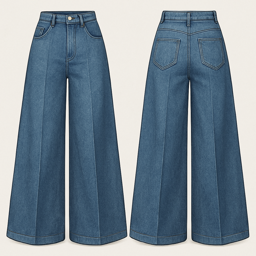 Denim jeans with extra wide legg extra baggy 

Denim jeans with extra wide legg extra baggy , elegant style, show front and back