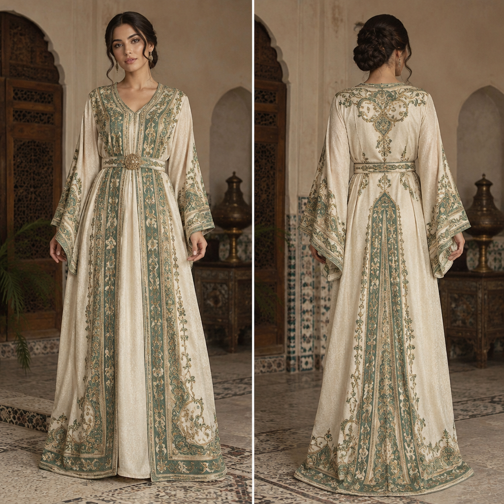 A Kaftan design, suitable for Spring, in Vintage style. Algeria fashion aesthetics. Present it as professional fashion catalogue photography: the garment is the subject, shown full-length with editorial styling, neutral posing and tasteful, non-suggestive framing.
photorealistic fashion design, A Kaftan design, suitable for Spring, in Vintage style. Algeria fashion aesthetics. Present it as professional fashion catalogue photography: the garment is the subject, shown full-length with editorial styling, neutral posing and tasteful, non-suggestive framing., vintage style, just the design no text, show front and back
