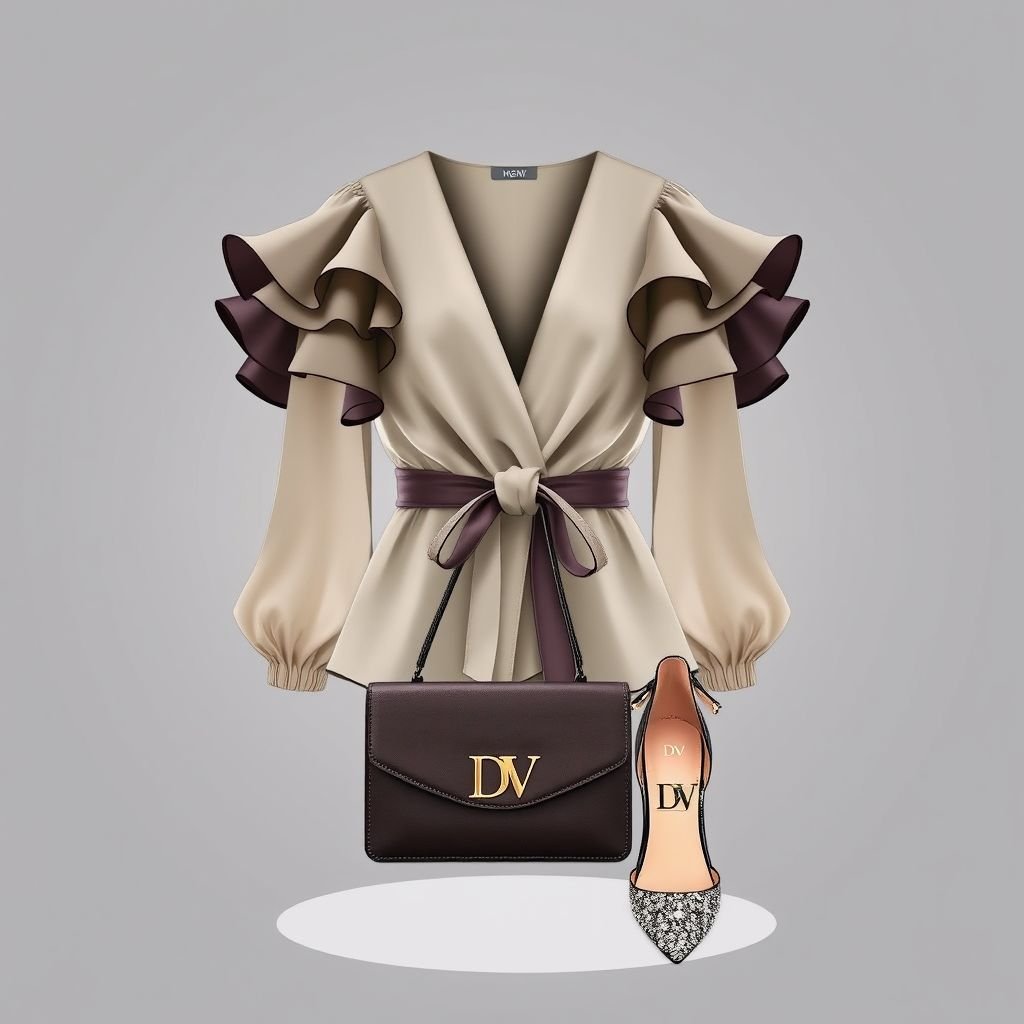 Rafferiza Women's Double-Layer Ruffle Sleeve Tie-Front Blouse, with a belt around waist that says “DV”. With heels on that has “DV” on bottom and a purse with DV on it to match the dress and heels
Imagine a stunning Rafferiza women's blouse featuring double-layer ruffle sleeves, gracefully cascading to enhance elegance. The tie-front design cinches a delicate waist adorned with a chic belt embossed with “DV.” Paired with sleek, embellished heels touting “DV” on the soles and a matching purse, this outfit exudes sophisticated allure.