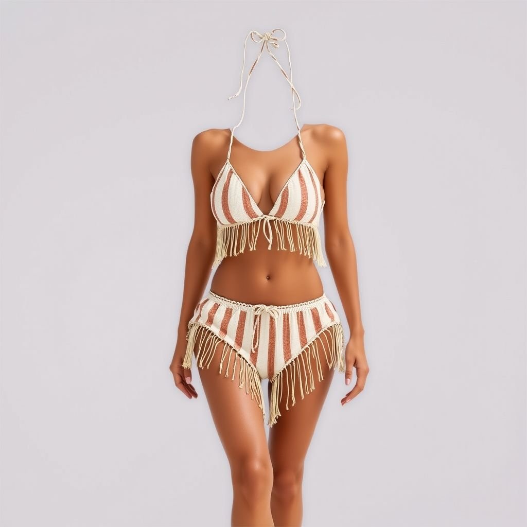 Two pieces minimal chic swimwear with thin stripes inspired by chairs influencer
Design a boho-chic two-piece swimwear set featuring minimalistic thin stripes reminiscent of beachside lounge chairs. Incorporate flowing, lightweight fabrics with playful fringe detailing and earthy color palettes. Add subtle macrame accents and unique crochet elements, embodying a carefree, eclectic spirit, perfect for beach strolls and sun-soaked adventures in style.