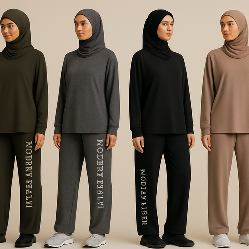 Create a revolutionary women’s modest loose gym wear brand called “Modest Fleur”. Display the brand name on the garments in a unique design on the side, exuding a classy and sophisticated vibe. I’d like four designs, each showcasing different styles and fabrics, with high-end, unique chic designs to make them truly special.