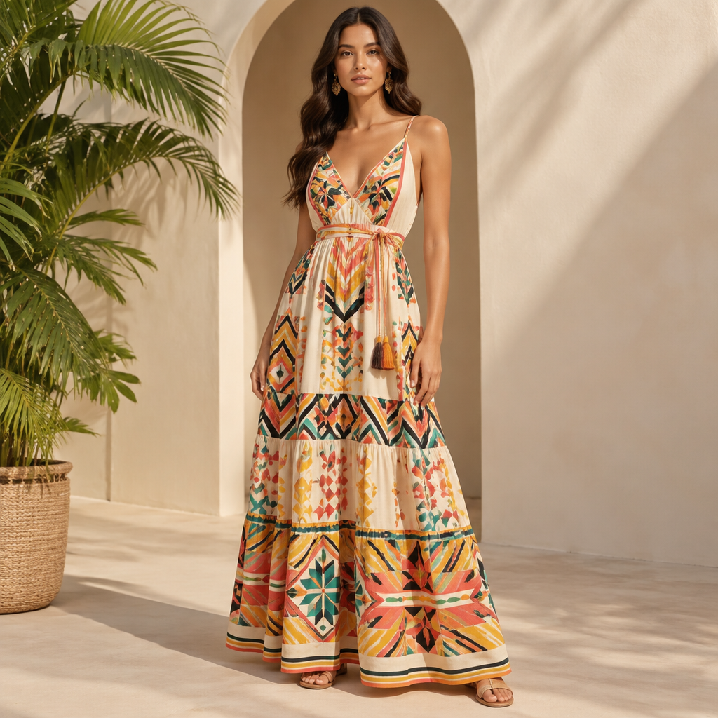 A Female Dress design, suitable for Summer. Consider Colombian fashion — tropical vibrancy, mochila-inspired, modern Latin American design. Present it as professional fashion catalogue photography: the garment is the subject, shown full-length with editorial styling, neutral posing and tasteful, non-suggestive framing.
photorealistic fashion design, A Female Dress design, suitable for Summer. Consider Colombian fashion — tropical vibrancy, mochila-inspired, modern Latin American design. Present it as professional fashion catalogue photography: the garment is the subject, shown full-length with editorial styling, neutral posing and tasteful, non-suggestive framing., just the design no text