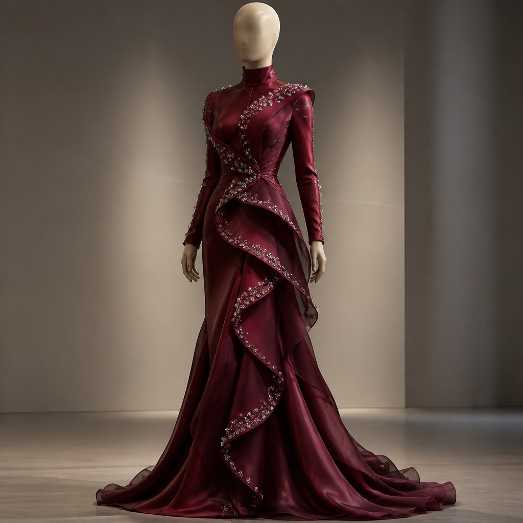 Create an original haute couture evening gown inspired by the deep burgundy-red petals of a maroon rose.
The design must feel completely original, delicate yet powerful, luxurious and artistic. Use the natural layered structure and curved edges of rose petals as the main inspiration for the silhouette and fabric construction.
Create an elegant sculptural bodice with subtle petal-like layers flowing naturally into a long floor-length skirt. The dress should have refined three-dimensional draping, soft asymmetrical petal folds, and a sophisticated couture silhouette.
Add exquisite high-quality crystals inspired by the previous couture models: delicate sparkling crystals carefully hand-placed along selected petal edges, the bodice, and flowing folds of the skirt. The crystals should catch the light beautifully and create an elegant luminous effect, while remaining sophisticated and refined. Use crystal embellishment as an artistic detail, not excessive decoration.
The crystals should look like premium couture jewelry stones, transparent and brilliant with subtle highlights, harmonizing beautifully with the deep burgundy fabric.
Color palette: deep burgundy, wine red, dark crimson, with brilliant clear crystals. Use luxurious satin, silk, and translucent layered fabric to create depth, movement, and an expensive couture finish.
The back of the dress must be fully covered and elegant. No deep open back.
The design should be suitable for an elegant woman aged 30–65, expressing quiet strength, confidence, femininity, individuality, and timeless luxury.
Minimal accessories. No necklace or large jewelry that competes with the dress. The crystal embroidery on the gown itself should be the main jewelry-like statement.
Present the gown as a professional high-fashion couture visualization on a faceless female mannequin, full body, elegant standing pose, neutral luxury studio background, realistic skin and fabric texture, realistic crystal reflections, exquisite tailoring, sophisticated and wearable.
The final result should look like an exclusive one-of-a-kind couture creation by Mariya, inspired by a burgundy rose but not literally shaped like a rose.
Absolutely no text, no logo, no watermark.
photorealistic fashion design, Create an original haute couture evening gown inspired by the deep burgundy-red petals of a maroon rose.
The design must feel completely original, delicate yet powerful, luxurious and artistic. Use the natural layered structure and curved edges of rose petals as the main inspiration for the silhouette and fabric construction.
Create an elegant sculptural bodice with subtle petal-like layers flowing naturally into a long floor-length skirt. The dress should have refined three-dimensional draping, soft asymmetrical petal folds, and a sophisticated couture silhouette.
Add exquisite high-quality crystals inspired by the previous couture models: delicate sparkling crystals carefully hand-placed along selected petal edges, the bodice, and flowing folds of the skirt. The crystals should catch the light beautifully and create an elegant luminous effect, while remaining sophisticated and refined. Use crystal embellishment as an artistic detail, not excessive decoration.
The crystals should look like premium couture jewelry stones, transparent and brilliant with subtle highlights, harmonizing beautifully with the deep burgundy fabric.
Color palette: deep burgundy, wine red, dark crimson, with brilliant clear crystals. Use luxurious satin, silk, and translucent layered fabric to create depth, movement, and an expensive couture finish.
The back of the dress must be fully covered and elegant. No deep open back.
The design should be suitable for an elegant woman aged 30–65, expressing quiet strength, confidence, femininity, individuality, and timeless luxury.
Minimal accessories. No necklace or large jewelry that competes with the dress. The crystal embroidery on the gown itself should be the main jewelry-like statement.
Present the gown as a professional high-fashion couture visualization on a faceless female mannequin, full body, elegant standing pose, neutral luxury studio background, realistic skin and fabric texture, realistic crystal reflections, exquisite tailoring, sophisticated and wearable.
The final result should look like an exclusive one-of-a-kind couture creation by Mariya, inspired by a burgundy rose but not literally shaped like a rose.
Absolutely no text, no logo, no watermark., just the design no text