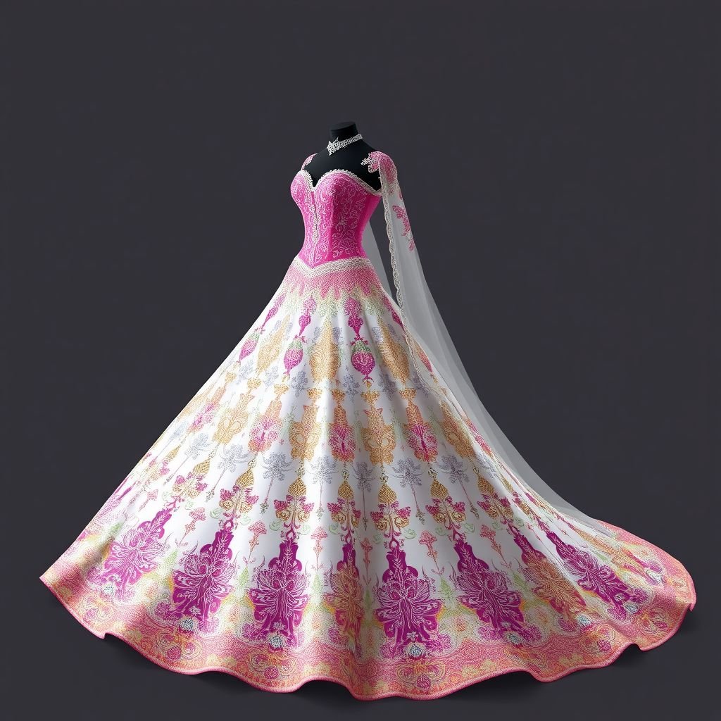 I need a wedding dress corset for the top like a medal corset pink color with a long train a huge one that make me look like a queen , and I long veil with a lot of islamic Asian Chinese Indian design of art on it with a lot of blue pink yellow white green color and I need it to look mixed with Arabic Chinese and Indian traditional dress
Design a regal wedding dress featuring a medal-inspired pink corset adorned with intricate embroidery, reflecting Arabic, Chinese, and Indian patterns. The voluminous train flows behind, reminiscent of royal gowns, while a cascading long veil showcases vibrant motifs in blue, pink, yellow, white, and green. This fusion celebrates cultural elegance and timeless beauty.