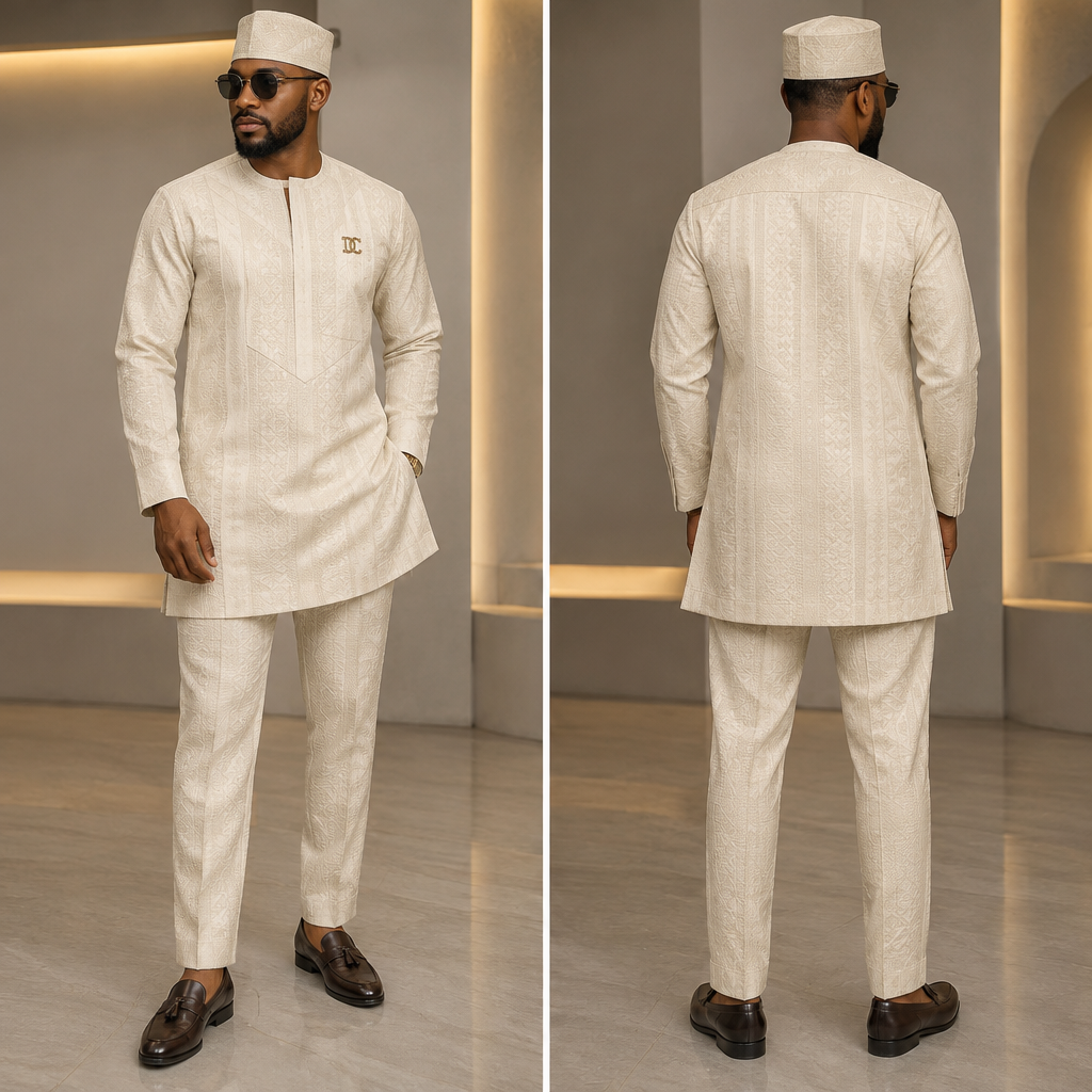 Create a high-end, innovative modern Nigerian native two-piece outfit for a man using the attached milky/off-white Shaders fabric as the exact fabric and color reference.
Important: The Shaders fabric already has its own woven/design pattern, so DO NOT add heavy embroidery or another large decorative pattern that will compete with the existing fabric design. The existing fabric pattern must remain the main visual feature of the outfit.
Design a completely original native jumper/top with a sophisticated, well-tailored silhouette. Make the uniqueness come from the cut, construction, neckline, seam placement, and arrangement of the existing fabric pattern, rather than excessive decoration.
Create an elegant and distinctive neckline with subtle designer detailing. Use the existing pattern creatively—for example, strategically align or change the direction of the fabric pattern on selected panels or seams to create a premium geometric effect.
Add only a small, refined monogram on one side of the chest, subtly integrated into the outfit. The monogram should be unique and noticeable but not large, loud, or flashy.
The jumper should have long sleeves with clean, open/free cuffs. No cufflinks. No agbada. No robe. No oversized kaftan appearance.
Pair it with matching tailored native trousers made from the same milky Shaders fabric. The trousers should have a modern, slightly tapered silhouette and an elegant full-length finish. No rope, no drawstring, and no elastic waistband. Use a clean concealed side zipper and/or side-hook fastening.
The final outfit should look luxurious, masculine, innovative, clean, and distinctly Nigerian, while allowing the original Shaders fabric design to remain the star of the outfit.
Show the complete outfit from head to toe on a male model, with the fabric texture and existing pattern clearly visible.
photorealistic fashion design, Create a high-end, innovative modern Nigerian native two-piece outfit for a man using the attached milky/off-white Shaders fabric as the exact fabric and color reference.
Important: The Shaders fabric already has its own woven/design pattern, so DO NOT add heavy embroidery or another large decorative pattern that will compete with the existing fabric design. The existing fabric pattern must remain the main visual feature of the outfit.
Design a completely original native jumper/top with a sophisticated, well-tailored silhouette. Make the uniqueness come from the cut, construction, neckline, seam placement, and arrangement of the existing fabric pattern, rather than excessive decoration.
Create an elegant and distinctive neckline with subtle designer detailing. Use the existing pattern creatively—for example, strategically align or change the direction of the fabric pattern on selected panels or seams to create a premium geometric effect.
Add only a small, refined monogram on one side of the chest, subtly integrated into the outfit. The monogram should be unique and noticeable but not large, loud, or flashy.
The jumper should have long sleeves with clean, open/free cuffs. No cufflinks. No agbada. No robe. No oversized kaftan appearance.
Pair it with matching tailored native trousers made from the same milky Shaders fabric. The trousers should have a modern, slightly tapered silhouette and an elegant full-length finish. No rope, no drawstring, and no elastic waistband. Use a clean concealed side zipper and/or side-hook fastening.
The final outfit should look luxurious, masculine, innovative, clean, and distinctly Nigerian, while allowing the original Shaders fabric design to remain the star of the outfit.
Show the complete outfit from head to toe on a male model, with the fabric texture and existing pattern clearly visible., just the design no text, show front and back