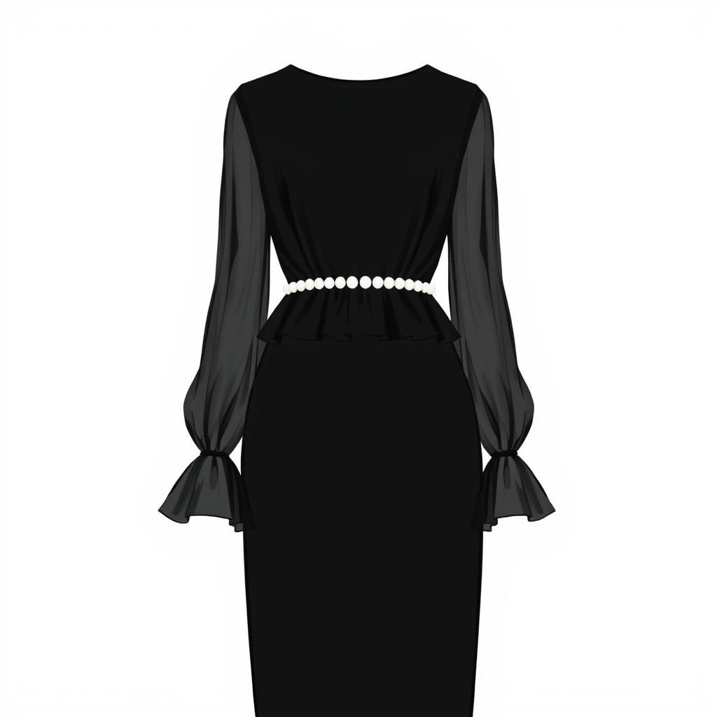 Create a realistic drawing (without a face) make it black long sleeve dress, and length should be up to her ankles/touching the floor, the dress should not be tight and not too flowy, and have a straight line of chiffon ruffles(with white pearls at the bottom line) lined up in straight lines up to her waist, the first line should be from the shoulders straight to the other shoulder and the rest should be below that in straight lines all the way to her waistline, the sleeves should not have the ruffles just that 1 line up at her shoulders, just the bottom of the sleeve should have 1 of that same ruffle (at the end of both sleeves)
Design a captivating black ankle-length dress, embodying modern elegance. The silhouette should be relaxed, gracefully skimming the body without being restrictive. A single horizontal line of chiffon ruffles adorned with white pearls bisects the dress at the waist, radiating sophistication. Long sleeves remain sleek, punctuated by delicate ruffles at the cuffs, ensuring a polished, yet ethereal appearance. The interplay of textures and subtle embellishments creates a timeless piece perfect for evening soirées or refined gatherings.