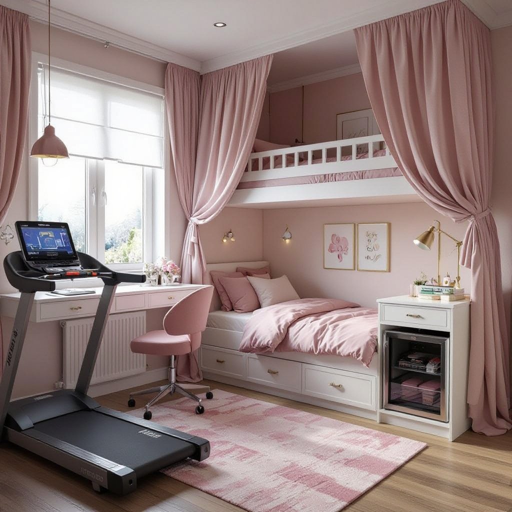 Create a coquette bedroom with a treadmill and a vanity desk and a tv with a loft bed that has a princess like canopy on it and under the loft bed it has a mini sofa and desk with. a mini fridge
Create a coquette bedroom with a treadmill and a vanity desk. Add a TV and a loft bed with a romantic canopy. Incorporate a mini sofa, a functional desk, and a mini-fridge under the loft bed.