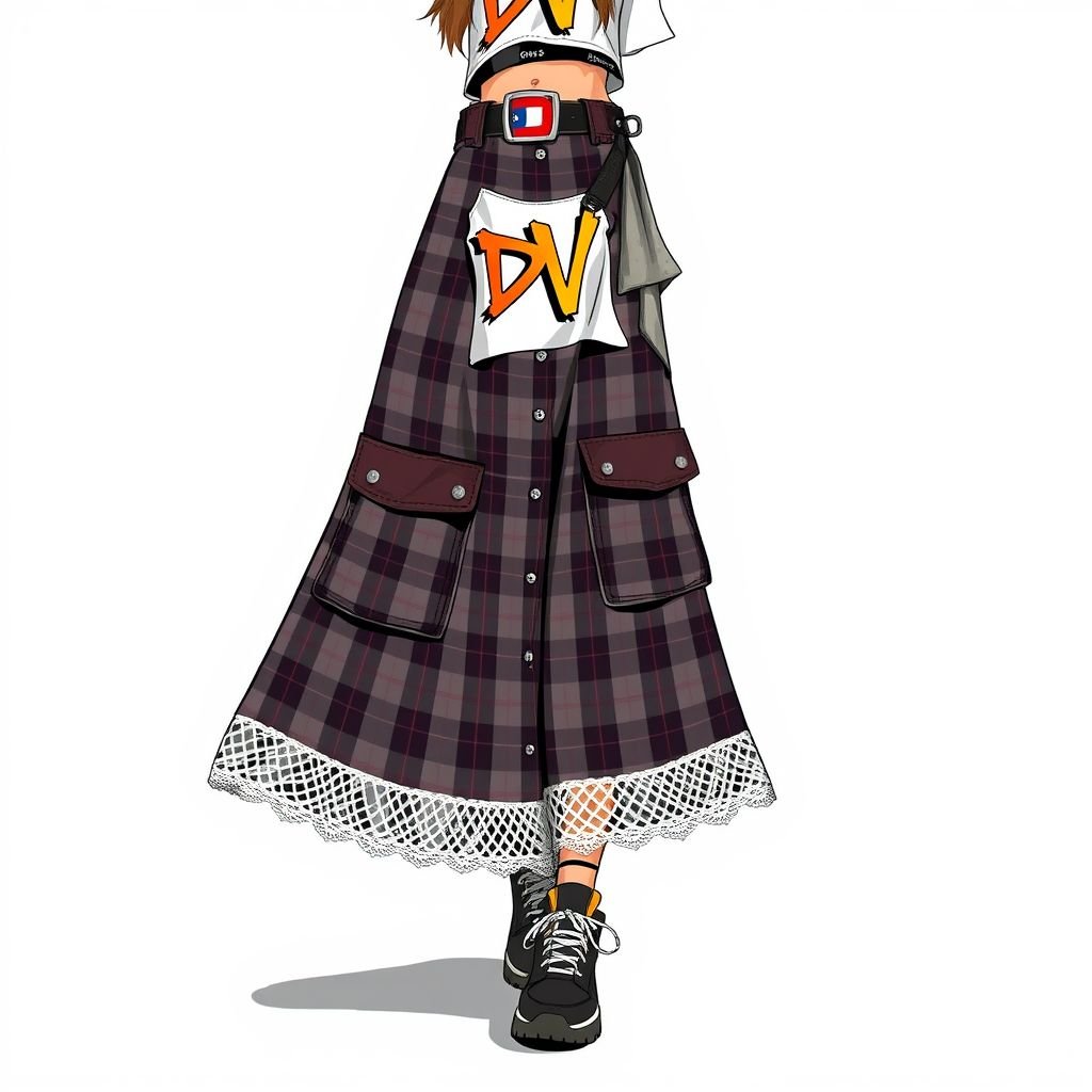 Plaid maxi skirt with pockets and lace , that say “DV” on belt
Design a bold streetwear ensemble featuring a plaid maxi skirt with oversized pockets, layered with delicate lace trim for a contrasting texture. The skirt's belt prominently displays the graffiti-style emblem "DV," embodying urban edge. Pair this with a cropped graphic tee and chunky sneakers for a complete, trendy streetlook.