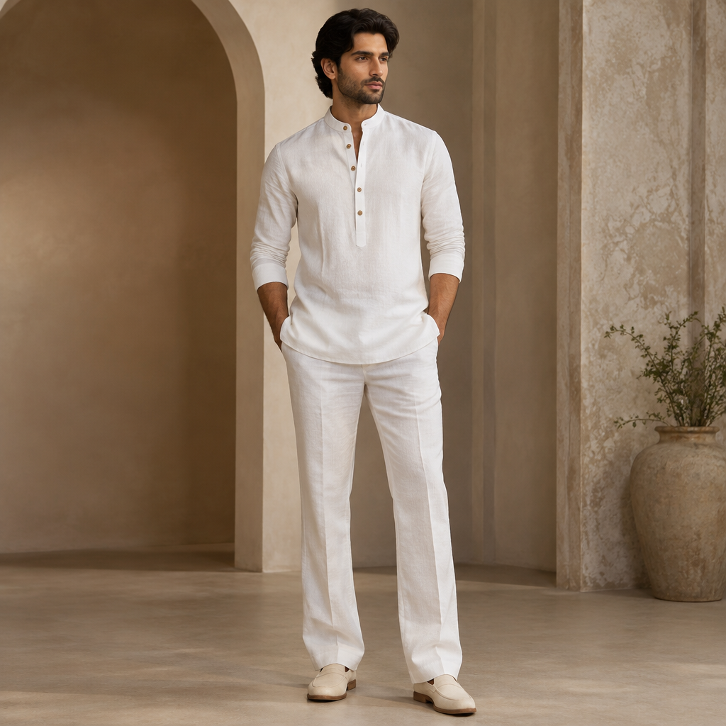 A Male Top design, suitable for Fall. A stylish men's white linen indo-western short kurta with mandarin collar, modern buttons, paired with matching white linen bootcut trousers, clean and premium fashion style. India fashion aesthetics. Present it as professional fashion catalogue photography: the garment is the subject, shown full-length with editorial styling, neutral posing and tasteful, non-suggestive framing.
photorealistic fashion design, A Male Top design, suitable for Fall. A stylish men's white linen indo-western short kurta with mandarin collar, modern buttons, paired with matching white linen bootcut trousers, clean and premium fashion style. India fashion aesthetics. Present it as professional fashion catalogue photography: the garment is the subject, shown full-length with editorial styling, neutral posing and tasteful, non-suggestive framing., just the design no text