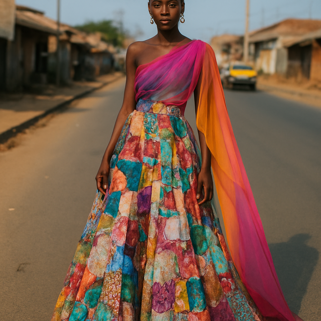 I want to Create one of kind colorful gown made from scrap fabric with iridescent touches and design with a colorful two tone chiffon for high end fashionista that will give it a sophisticated and gorgeous look on a real human dark skin modeling it on the roadside of a street in Africa.
I want to Create one of kind colorful gown made from scrap fabric with iridescent touches and design with a colorful two tone chiffon for high end fashionista that will give it a sophisticated and gorgeous look on a real human dark skin modeling it on the roadside of a street in Africa., streetwear style