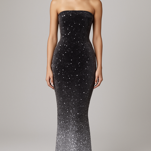 Velvet maxi dress charcoal colour with sporadic sequins
Bandeau and fitted
More sequins and more fitted on legs
Tighter at the end lighter grey in colour and sequins silver