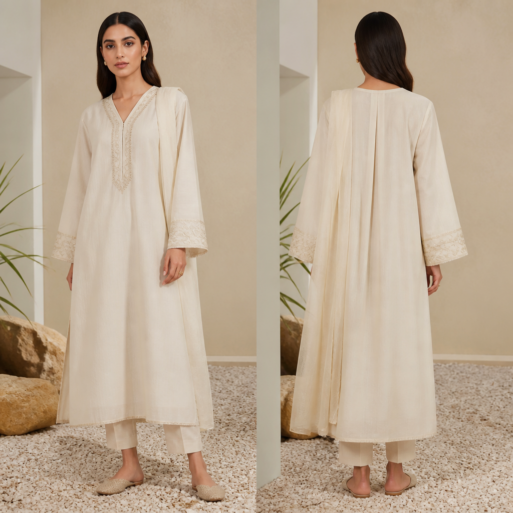 A Female Dress design, made of Cotton, with a soft, cosy hand, with a Relaxed silhouette, with modest, full coverage: longer hemlines, higher necklines and covered shoulders, in a Neutrals color palette, for Formal, suitable for Summer, suited to a Temperate climate, shown on a model with medium skin tone and a slim figure. Pakistan fashion aesthetics. Present it as professional fashion catalogue photography: the garment is the subject, shown full-length with editorial styling, neutral posing and tasteful, non-suggestive framing.
photorealistic fashion design, A Female Dress design, made of Cotton, with a soft, cosy hand, with a Relaxed silhouette, with modest, full coverage: longer hemlines, higher necklines and covered shoulders, in a Neutrals color palette, for Formal, suitable for Summer, suited to a Temperate climate, shown on a model with medium skin tone and a slim figure. Pakistan fashion aesthetics. Present it as professional fashion catalogue photography: the garment is the subject, shown full-length with editorial styling, neutral posing and tasteful, non-suggestive framing., just the design no text, show front and back