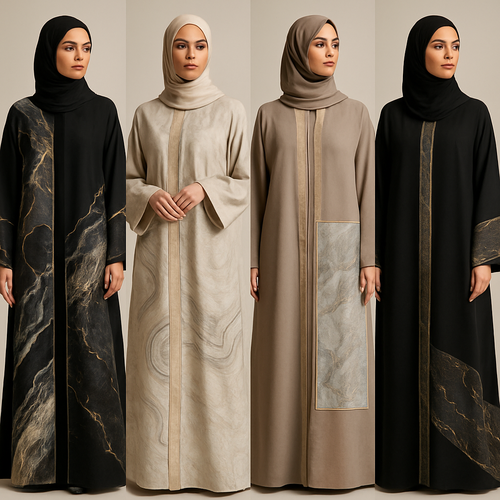 Create a modest abaya that's the first of its kind, featuring a unique stone design that exudes a classy and sophisticated vibe. I'd like four designs, each showcasing different styles and fabrics.
Incorporate high-end, unique chic stone designs to make them truly special. Add a little sophisticated stone work to it.