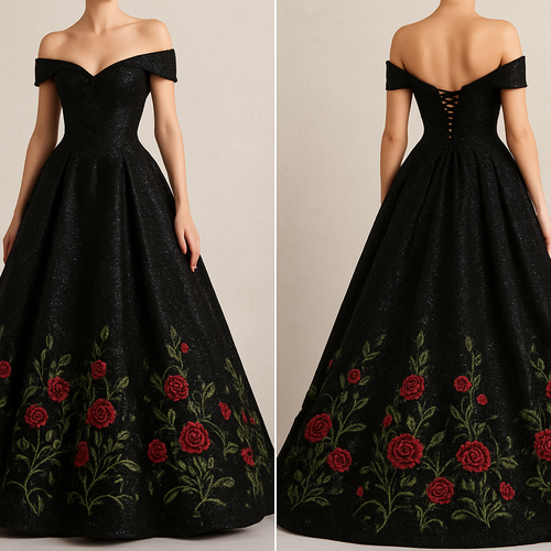 Glittery Black wedding dress with embroidered green vines and red roses at the bottom. Corset back with off the shoulder sleeves.