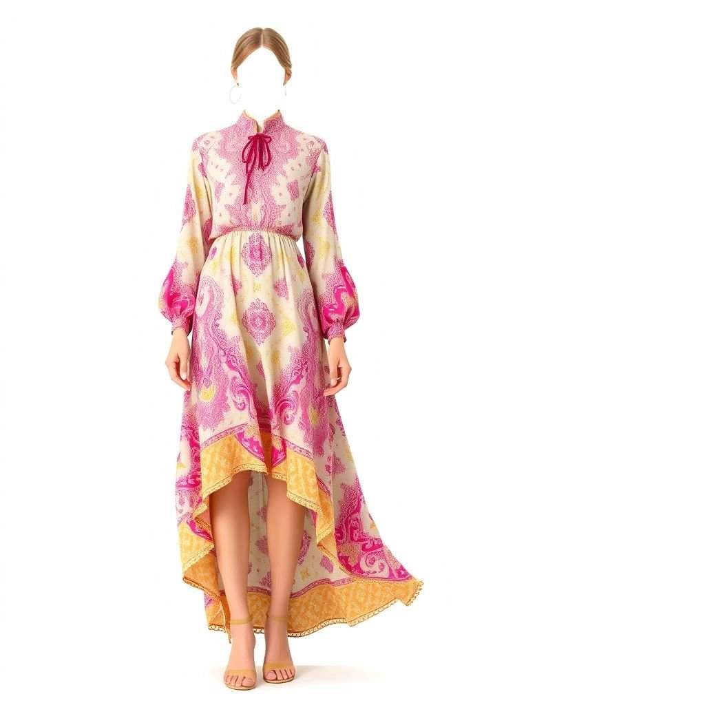 Create a high neck midi drop waist dress with long bishop sleeves and using the colors light pink, hot pink, yellow and grey as the background color for the bandana paisley print that has the of the bandanna paisley print
Design a breezy, high-neck midi drop waist dress adorned with long bishop sleeves, perfect for summer outings. Incorporate a playful bandana paisley print featuring vibrant light pink, hot pink, and sunny yellow against a soft grey backdrop. The dress flows effortlessly, capturing the essence of summer with a fresh, bohemian flair.