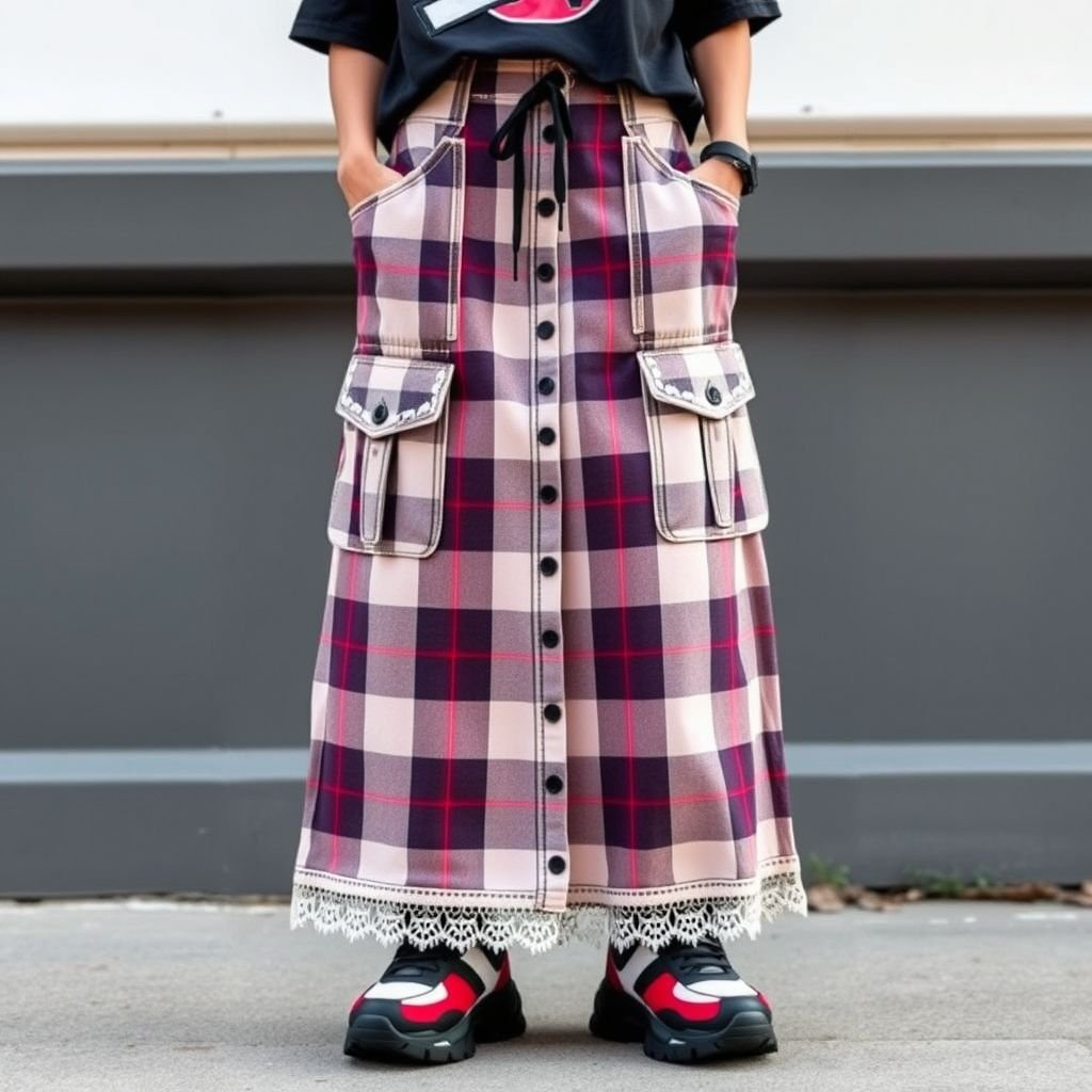 Plaid maxi skirt with pockets and lace , that say “DV” embroidery on skirt
Design a bold streetwear-inspired plaid maxi skirt featuring oversized pockets and intricate lace trims. The skirt showcases edgy "DV" embroidery, seamlessly blending urban aesthetics with playful femininity. Pair it with chunky sneakers and an oversized graphic tee for a striking look that embodies the vibrant, eclectic essence of contemporary street fashion.
