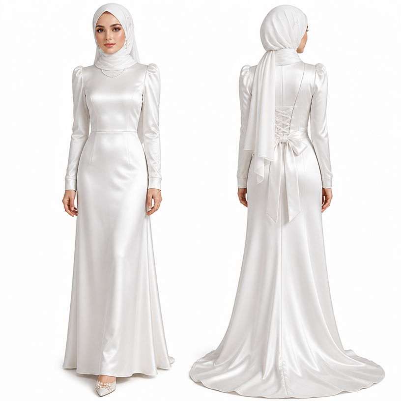 Elegant modest white satin dress for a formal Nikah ceremony, designed for a petite hijabi bride.
The dress is made entirely of smooth, soft white satin with no embroidery, no sequins, and no beading. Clean, luxurious and minimal.
The dress has a high modest neckline suitable for hijab. Long sleeves with a very subtle puff at the shoulders, elegant and feminine but not exaggerated. The sleeves are relatively straight and comfortable along the arms, ending at the wrists with small neat satin cuffs.
The bodice is fitted and structured, gently defining the waist. The back has a lace-up corset detail that allows the waist to be adjusted and defined elegantly.
The skirt starts at the natural waist and falls in a smooth, elegant silhouette. It is not mermaid, not tight, and not voluminous. It follows the body naturally while allowing comfortable movement. The skirt reaches the floor.
From the bottom back of the skirt, add a short, subtle satin train that extends naturally behind the dress. The train should be light and elegant, not long or dramatic.
The bride wears a very soft, delicate white headscarf made from lightweight flowing fabric. The headscarf is extremely simple with no large decorations, no crown and no heavy accessories. It drapes naturally and softly down to approximately the waist at the back.
Add only a few very delicate pearl details to the headscarf, if needed.
Accessories: a delicate pearl necklace, small pearl earrings, and a pointed-toe white or ivory high heel decorated with subtle pearls or delicate beads. The shoes should be slightly visible beneath the dress while walking.
Overall aesthetic: elegant, feminine, sophisticated, youthful, timeless and minimal luxury. The beauty of the dress should come from its silhouette, soft satin fabric and delicate details rather than decoration.
Show the design as a professional haute couture fashion sketch, full body, front and back views, realistic satin fabric draping, clean white background.
edit the attached fashion design with these instructions: Elegant modest white satin dress for a formal Nikah ceremony, designed for a petite hijabi bride.
The dress is made entirely of smooth, soft white satin with no embroidery, no sequins, and no beading. Clean, luxurious and minimal.
The dress has a high modest neckline suitable for hijab. Long sleeves with a very subtle puff at the shoulders, elegant and feminine but not exaggerated. The sleeves are relatively straight and comfortable along the arms, ending at the wrists with small neat satin cuffs.
The bodice is fitted and structured, gently defining the waist. The back has a lace-up corset detail that allows the waist to be adjusted and defined elegantly.
The skirt starts at the natural waist and falls in a smooth, elegant silhouette. It is not mermaid, not tight, and not voluminous. It follows the body naturally while allowing comfortable movement. The skirt reaches the floor.
From the bottom back of the skirt, add a short, subtle satin train that extends naturally behind the dress. The train should be light and elegant, not long or dramatic.
The bride wears a very soft, delicate white headscarf made from lightweight flowing fabric. The headscarf is extremely simple with no large decorations, no crown and no heavy accessories. It drapes naturally and softly down to approximately the waist at the back.
Add only a few very delicate pearl details to the headscarf, if needed.
Accessories: a delicate pearl necklace, small pearl earrings, and a pointed-toe white or ivory high heel decorated with subtle pearls or delicate beads. The shoes should be slightly visible beneath the dress while walking.
Overall aesthetic: elegant, feminine, sophisticated, youthful, timeless and minimal luxury. The beauty of the dress should come from its silhouette, soft satin fabric and delicate details rather than decoration.
Show the design as a professional haute couture fashion sketch, full body, front and back views, realistic satin fabric draping, clean white background.. keep it photorealistic, just the design no text