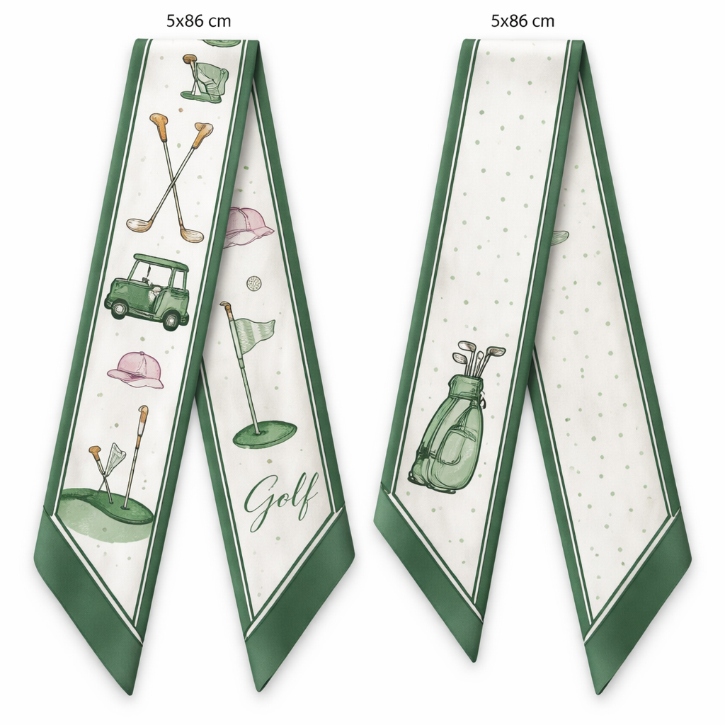 Create a silk scarf 5x86cm that is timeless for Golf lovers for women but not as intricate more simple
Create a silk scarf 5x86cm that is timeless for Golf lovers for women but not as intricate more simple , classic style, show front and back