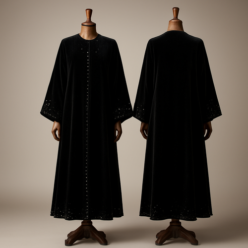 
Photorealistic full-length black velvet abaya displayed on a luxurious polished wooden mannequin; mannequin in dark walnut with a smooth hand‑polished finish and elegant carved base, neutral standing pose with slightly angled torso and relaxed arms. Abaya: ankle-length A-line silhouette, wide gathered sleeves, no collar, hidden front closure, lined with black chiffon, subtle Swarovski crystal embellishments on chest, front opening, sleeve edges and hem. Studio lighting: soft key light plus gentle rim light to highlight velvet pile and crystal sparkle, even exposure down to the ankles. Background: clean neutral gradient (soft gray or warm beige) with a soft floor shadow. Camera: 50mm lens look, full-length crop including pedestal, sharp focus on fabric texture and crystals, cinematic hyper-realistic high-detail, high resolution.