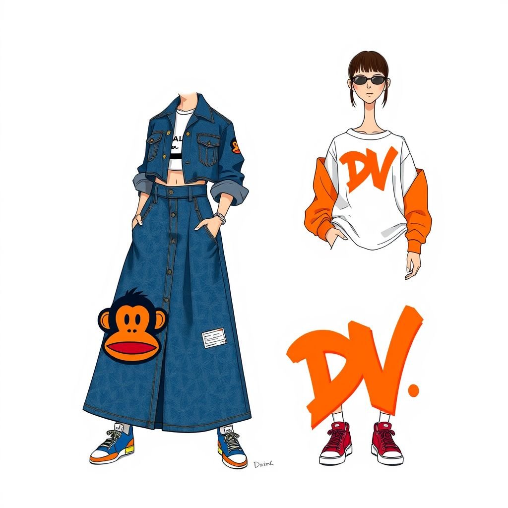 Do a collab with my brand “Da’Vine” or “DV” and “Paul frank” with the monkey symbol. Create a Maxi denim skirt and create a design for the collab on it! With “DV” somewhere on it. Make it orange and blue. With a matching Cropped shirt with a white tee under it
Design a bold streetwear collection featuring a Maxi denim skirt adorned with the playful Paul Frank monkey symbol, bright orange and deep blue accents, and “DV” embroidered in a graffiti style. Pair it with a cropped shirt layered over a crisp white tee to enhance the urban vibe, perfect for trendsetters.