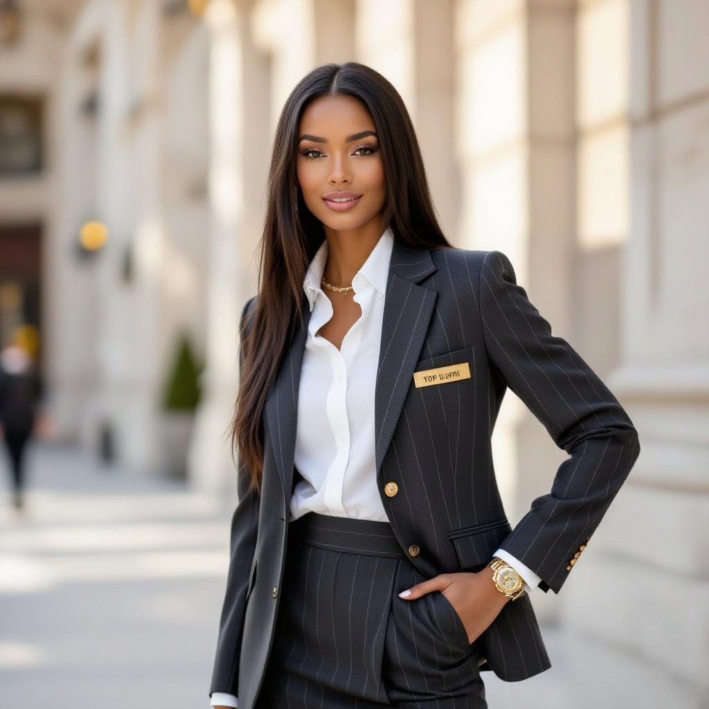 dark caramel brown girl with long black straight hair wearing brown girl grey pin stripped skirt and blazer with white blouse underneath. (formal for courthouse appearance) also add gold name plate on top left of blazer saying TOP LWYR in big bold black writing (CLEAR & visible to read pls) add gold and diamond cuff links
Dark caramel brown girl with long black straight hair wears a tailored grey pinstriped wool skirt suit, a crisp white cotton blouse, and a gold name plate on the upper left blazer pocket with "TOP LWYR" in bold black. Gold and diamond cufflinks complete the formal courthouse look.