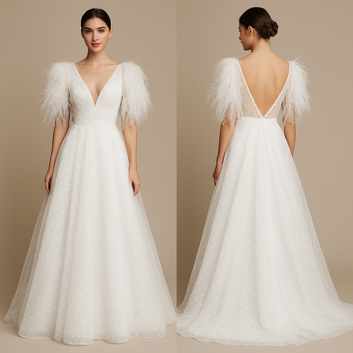 Red carpet wedding dress feathered sleeves 
