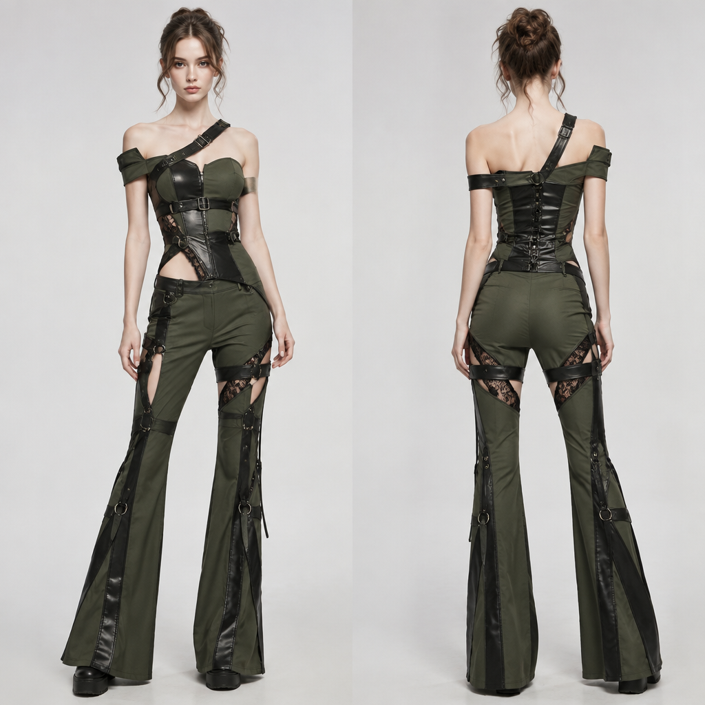 A Female Top design, with a sleek, smooth finish, with a Fitted silhouette, for Casual, suitable for Summer, suited to a Temperate climate, in Experimental + Glamorous + Cotton style, shown on a model with fair skin and a slim figure. Sexy black leather with buckles, slits and black lace. Green top and pants. Off the shoulder with a strap. Tight top and pants. Boot cut pants. Futuristic space design. Present it as professional fashion catalogue photography: the garment is the subject, shown full-length with editorial styling, neutral posing and tasteful, non-suggestive framing.
photorealistic fashion design, A Female Top design, with a sleek, smooth finish, with a Fitted silhouette, for Casual, suitable for Summer, suited to a Temperate climate, in Experimental + Glamorous + Cotton style, shown on a model with fair skin and a slim figure. Sexy black leather with buckles, slits and black lace. Green top and pants. Off the shoulder with a strap. Tight top and pants. Boot cut pants. Futuristic space design. Present it as professional fashion catalogue photography: the garment is the subject, shown full-length with editorial styling, neutral posing and tasteful, non-suggestive framing., experimental style, just the design no text, show front and back