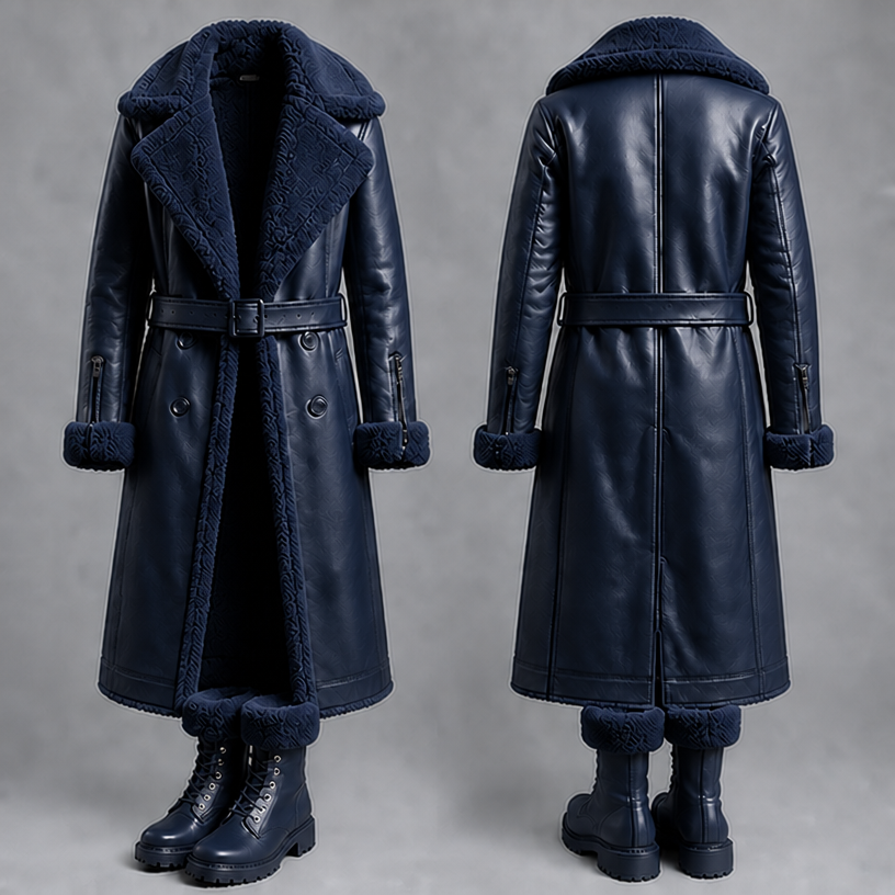 Make this in navy coat and boots
edit the attached fashion design with these instructions: Make this in navy coat and boots. keep it photorealistic, just the design no text