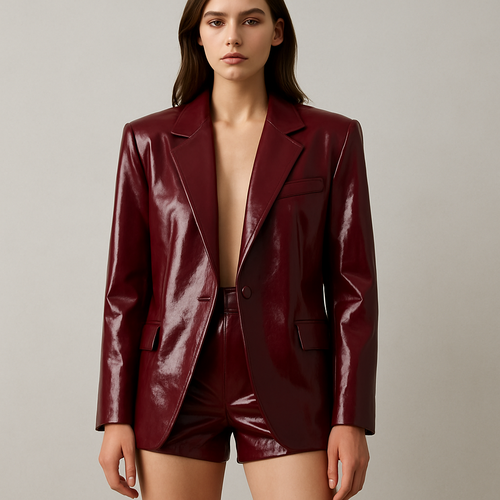 Deep burgundy vinyl short shorts
Matching oversized blazer