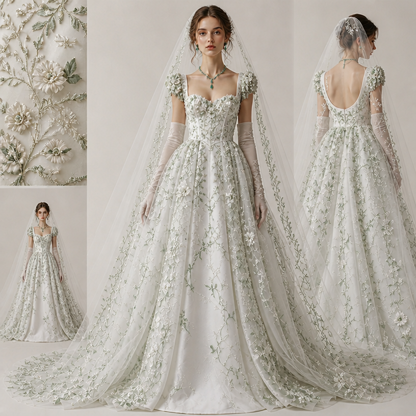 Make it white with the green and add an emerald necklace and earrings
edit the attached fashion design with these instructions: Make it white with the green and add an emerald necklace and earrings. keep it photorealistic, just the design no text
