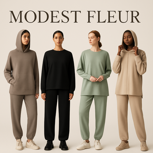 Create a unique, sophisticated, and chic loose gym wear brand called “Modest Fleur”. I need four options. 