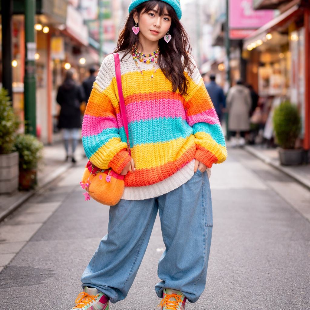 bright yellow, dark orange, hot pink and aqua striped chunky sweater
Japanese Street fashion design: Bright yellow, dark orange, hot pink, and aqua striped chunky knit sweater with an oversized, relaxed fit. Pair with baggy denim, high-top sneakers, and a playful beanie for a Harajuku-inspired layered look.
