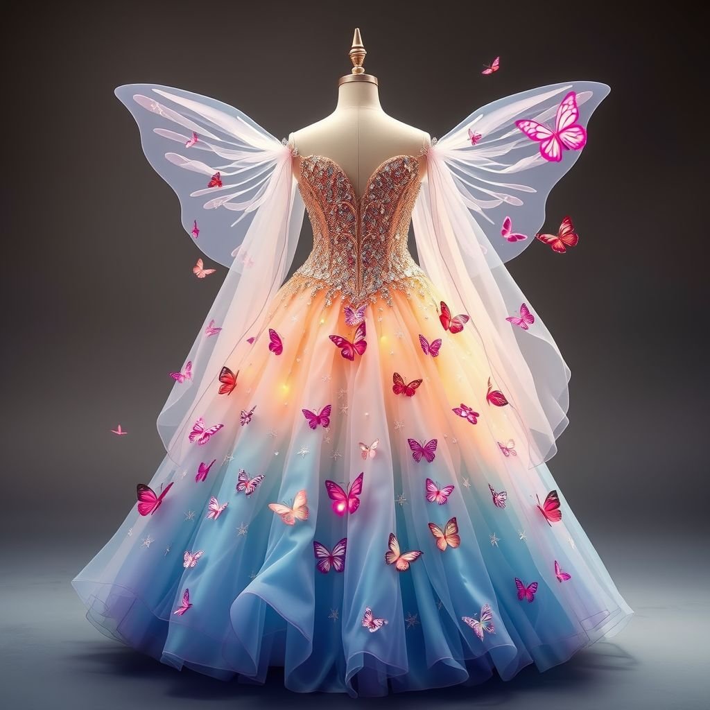 Make me a short fairy tale princess gown with glittery corset and lots of little butterflies surrounding her dress with beautiful costume at her back
Create a whimsical fairy tale princess gown that features a shimmering glittery corset, intricately adorned with sparkling crystals. The skirt flows like a cascading waterfall, embellished with delicate fluttering butterflies in various hues. A dramatic chiffon cape flares from the back, creating an ethereal silhouette, capturing the magic of childhood dreams.